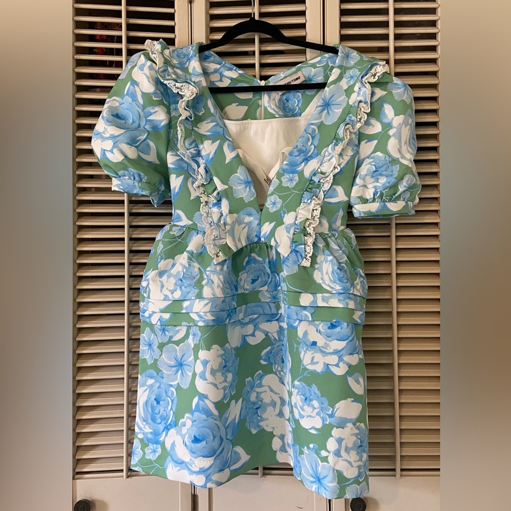 Floral Ruffle Dress in Green and Blue